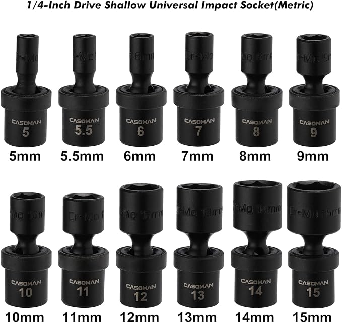 CASOMAN 1/4-Inch Drive Shallow Universal Impact Socket Set, Metric, 12 Pieces Set, 5mm to 15mm, 6-Point, Cr-Mo, Swivel Socket
