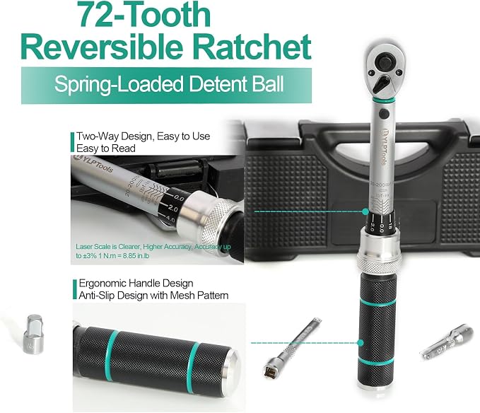 1/4-Inch Drive Click Torque Wrench Set, 20–200 in-lb (2.26–22.6 Nm), ±3% Accuracy, 4-Piece Kit with Adapters, Extension Bar, and Storage Case