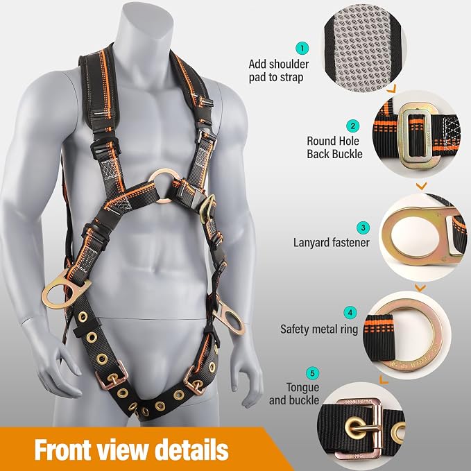 Full Body Safety Harness & Fall Protection Kit with Padded Straps, ANSI Compliant, Includes Shock-Absorbing Lanyard for Roofing, Construction and Industrial Use