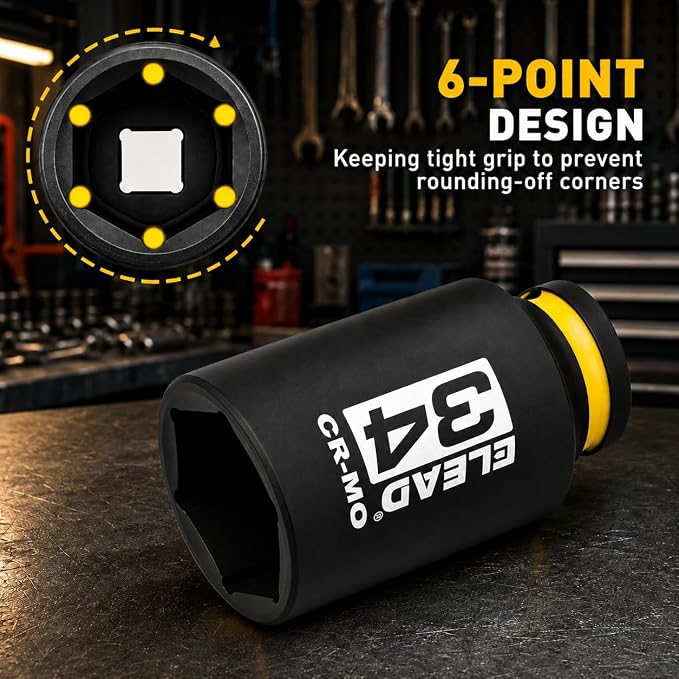 ELEAD 34 mm Socket 1/2" Drive Deep Impact Socket, Metric 6 Point 1/2-inch Drive Impact Axle Nut Sockets, CR-MO Nut Socket Set, Tools for Easy Removal of Axle Shaft Nuts