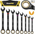 GRENPRO 9PC Metric Ratcheting Wrench Set 8-19mm Long Combination Open End | Includes Bolt Gauge, Electro-Coated CR-V Steel, 72-Tooth 5Deg Swing 12Pt Color Rings, Roll Pouch for Auto & Home Repair
