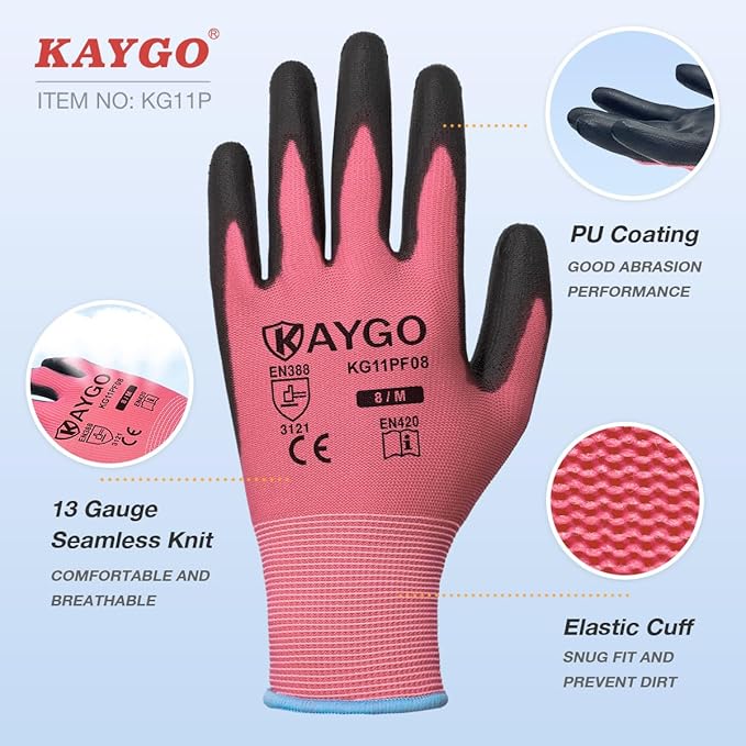 KAYGO Work Gloves for Men and Women,12 Pairs Seamless Knit PU Coated Safety Gloves, with Smooth Grip on Palm and Fingers, Ideal for Light Warehouse, Manufacturing, Gardening, KG11P (S,Pink)