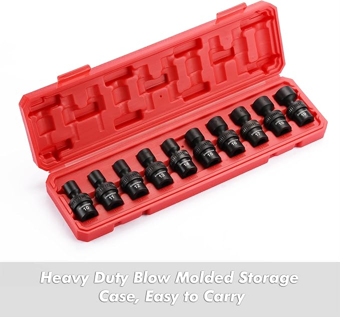 CASOMAN 10 PCS 3/8" Drive Standard Universal Impact Socket Set, 6 Point, CR-MO, Metric,10-19mm
