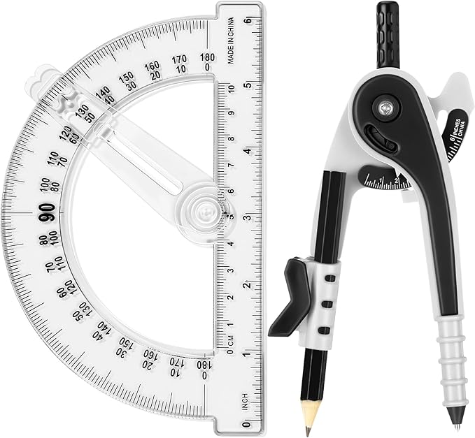Zonon Student Protractor and Compass Set, Student Geometry Math Set Drawing Compass and 180 Degree 6 Inch Protractor with Swing Arm for Drawing Measuring School Office(Black)