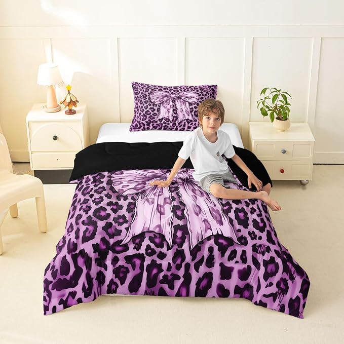 Feelyou Leopard Print Kids Comforter Set Twin Size Purple Cheetah Print Bedding Set Bowknot Duvet Quilt for Kids Boys Girls Bedroom Decor Microfiber Ultra Soft Breathable
