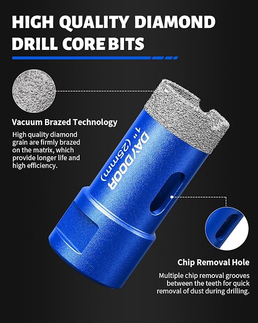 DAYDOOR Diamond Hole Saw Kit, 13-Piece Tile Hole Saw Kit 1/4" 5/16" 4/5" 1" 1-3/8" 2" 3" 4",Vacuum Brazed Core Drill Bits for Porcelain Tile, Granite, Marble, Stone(Blue)