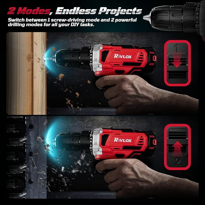 20V Cordless Drill Set,Electric Power Drill Cordless,Power Drill Drivers,Electric Screwdriver - 2.0Ah Batteries, 30Nm，21+1 Torque,2 Speed,34pcs Acessories,Built-in LED,Kit for Home,Red