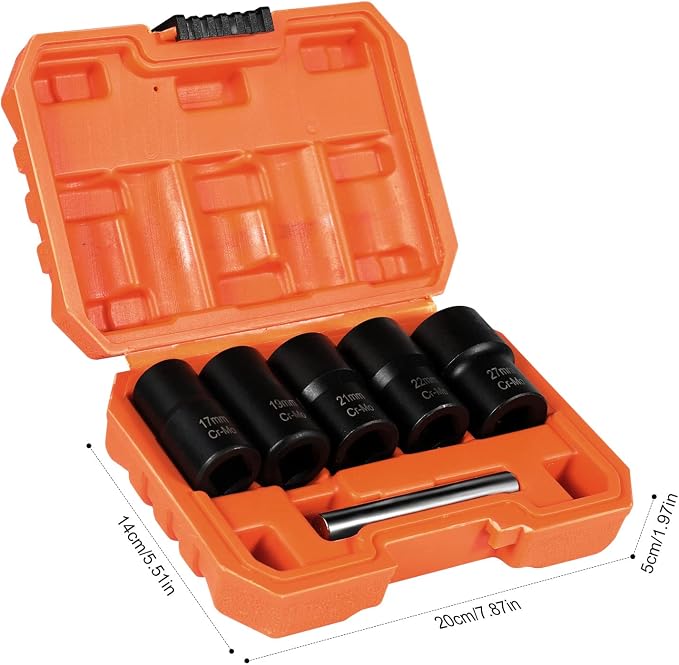 XEWEA 6PCS Impact Lug Nut Extractor Set, Wheel Lock Removal Kit | 1/2-Inch Drive Bolt Remover Twist Socket Kit for Removing Stripped, Damaged, Rusted, Rounded-Off Bolts Nuts Studs, Cr-Mo