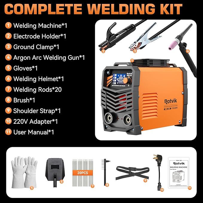 200Amp Stick Welder-Large LED Display, 110V/220V Dual Voltage Portable MMA Welder Machine with Hot Start, Arc force and Anti-Stick, Lift TIG Torch & 220V Adapter, 20PCS Rods Stick Welder