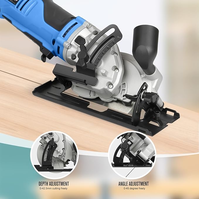 Mini Circular Saw, 6Amp 5200RPM Corded Circular Saw with Rip Guide, 24T TCT Wood Blade & 60T HSS Metal Blade – 1.67" Cutting Depth at 90°, 1" at 45° for Bevel Cuts, for Wood, Thin Metal, PVC