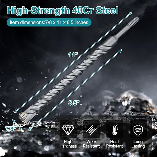 7/8 Inch x 8 Inch SDS Plus Rotary Hammer Drill Bit, Cross Tip Double Threaded Carbide Tipped for Concrete, Brick, and Stone (7/8" x 6" x 8")