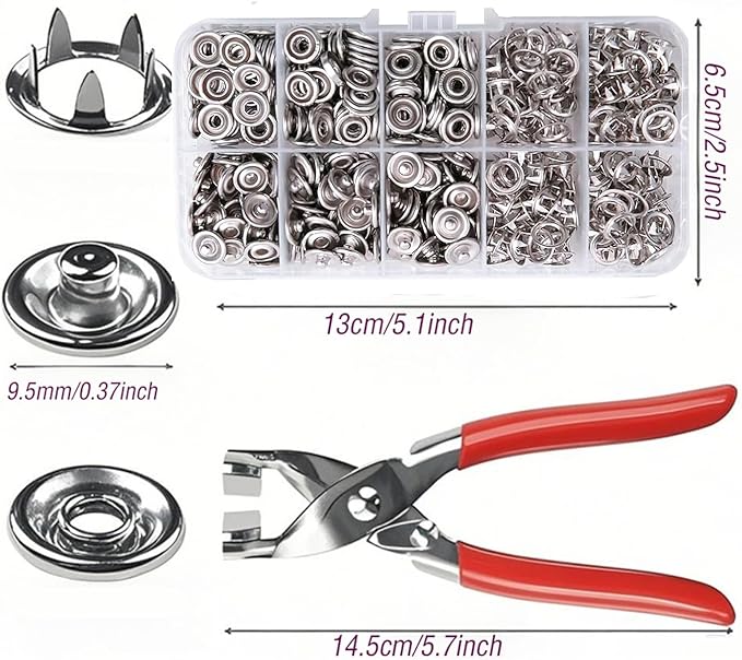 Snap Fasteners Kit - 100 Sets Metal Snaps Buttons with Fastener Pliers Press Tool - 400PCS 9.5mm Five Claw Buckle Tool Set,Heavy Duty Press Tool Kit Perfect for DIY Crafts Clothes and Sewing (Silver)