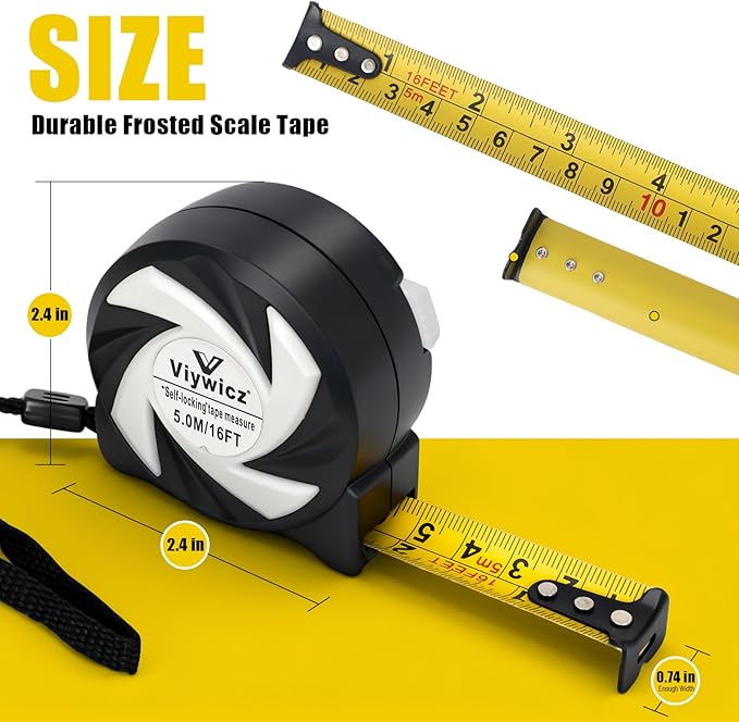 Tape Measure with Auto-Lock, 16FT/5M Professional Measuring Tape & Painters Tape, Metric Measuring with Durable Matte Blade, Gift for Craftsmen - Viywicz
