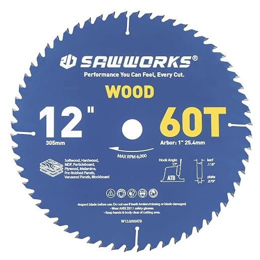 SawWorks 12" 60T ATB Carbide Wood Saw Blade, 1" Arbor, Large Cabinet Shop Table & Miter Saw Finish Cutting Blade