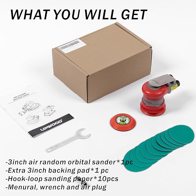 Pneumatic random orbital sander 3-inch light weight palm sander 3/32" (2.5 mm) diameter orbit 12000 RPM with extra backing pad and 12pcs sandpaper