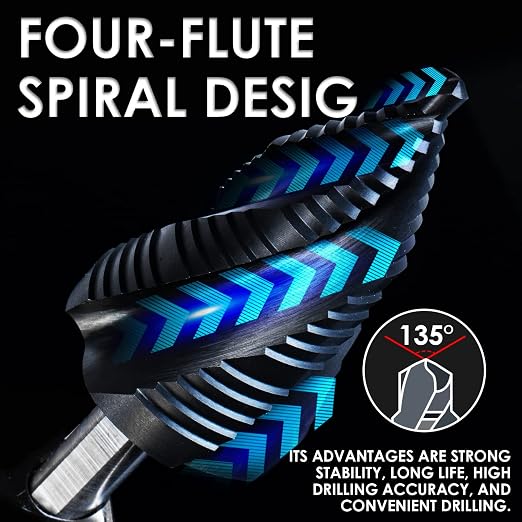 Matework M35 Cobalt Step Drill Bit, Four Spiral Flute Unibit Step Drill Bit (3/16"-1-3/8") Wear-Resistant TiAlN Coated, 3/8" Shank for Metal, Carbon Steel, Stainless Steel, Wood, Plastic (19 Size)