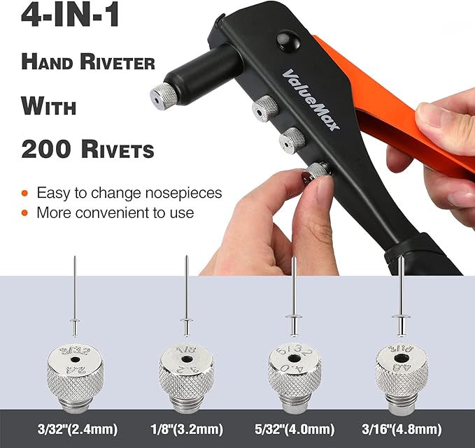 ValueMax 4-in-1 Hand Riveter/Rivet Gun, Pop Rivet Tool Kit with 200 Rivets - 3/32-inch, 1/8-inch, 5/32-inch, 3/16-inch, 4 Interchangeable Nosepieces, Suitable for Metal