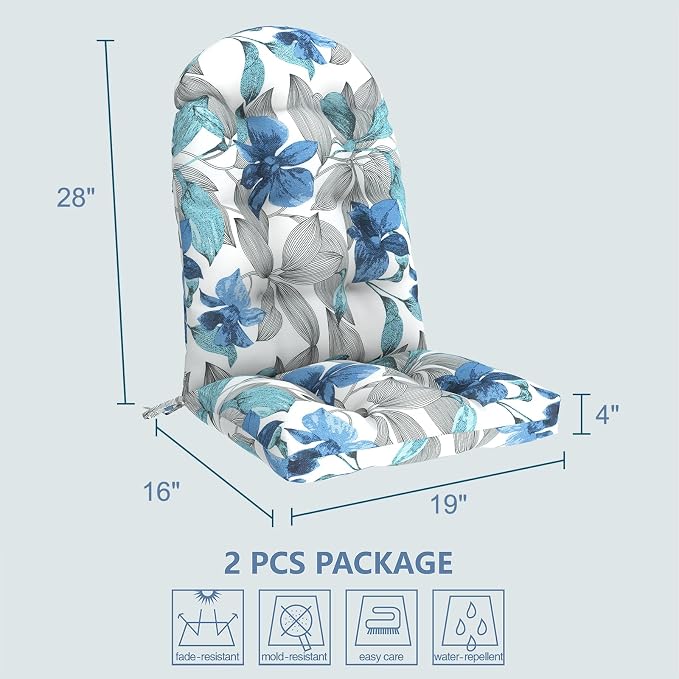 LVTXIII Outdoor Adirondack Chair Cushions, 44x19x4 Inch Non-Slip High Back Rocking Chair Cushion, Tufted Seat Cushion for Patio Furniture, Set of 2, Clemens Noir Blue