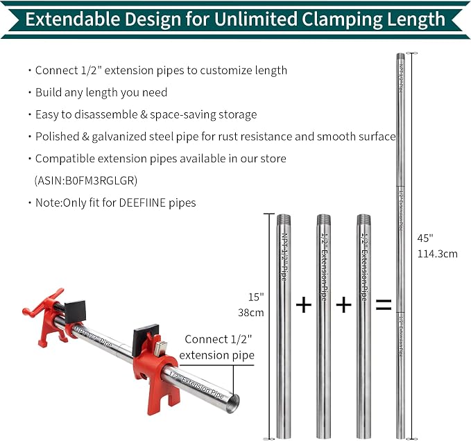 2-Pack 1/2"x40" Wood Gluing Pipe Clamps Fixture for Woodworking | 1/2" H-Style Heavy Duty Cast Iron Pipe Clamp Set with Extension Pipe for Cabinet,Furniture&Carpentry, 1100BS Load Limit