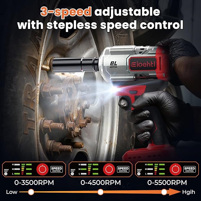 Eioehtl Cordless Impact Wrench 1200Nm, Impact Driver & Impact Drill 1/2" Brushless Power Tool with 2×4.0Ah Batteries, 5 Sockets, 8 Drill Bits, 5 Driver Bits, Extension Bar & Adapter for Car, Van & DIY