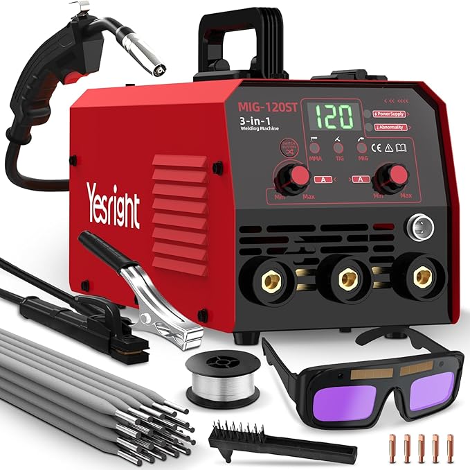 120A Mig Welder, 3 IN 1 Gasless Flux Core MIG/Lift TIG/Stick Welder Machine with Synergy, 110V Multiprocess Welding Machine with Welding Googles Rods Wire for Beginners & Professionals