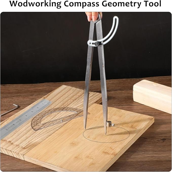 Compass Geometry Tool, Drawing Compass, Professional 8 Inch Large Compass with Wing for Woodworking, 6 Inch Protractor, 8 Inch Ruler for Carpenter, Drafting