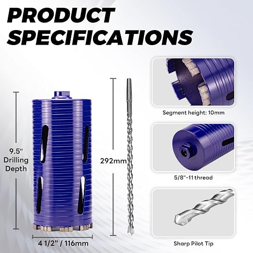 4-1/2" Core Drill Bit with Pilot Bit & Adapters(SDS Plus and 1/2" Hex), 5/8"-11 Thread, 9.5" Depth, Upgraded-Welded Segments Diamond Core Bits for Concrete, Masonry, Brick Block