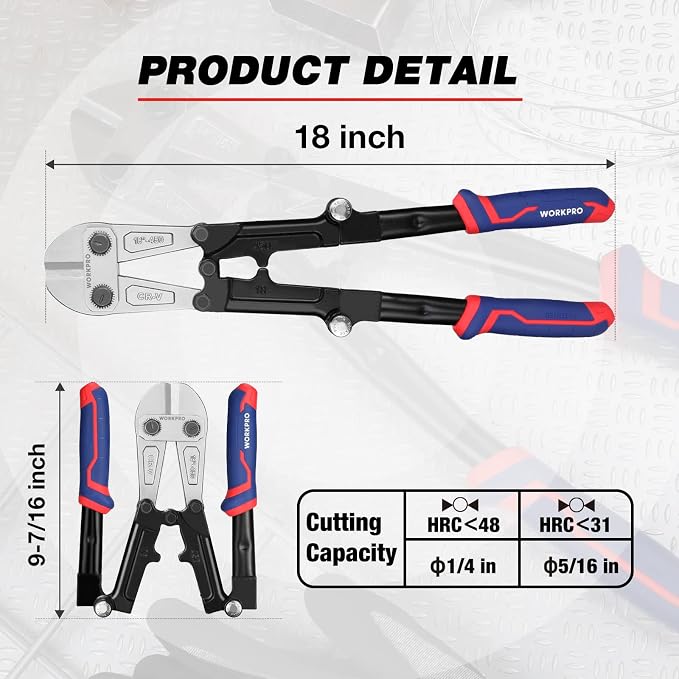 WORKPRO 18-Inch Foldable Bolt Cutter, Tri-Material Handle with Comfort Grip, Chrome Vanadium Steel Blade, for Rods, Bolts, Rivets, Wires, Cables and Chains