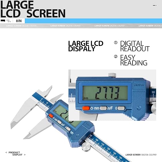 Dasqua 8" IP54 Digital Caliper, Stainless Steel Water-Resistant Precision Measuring Tool with Large LCD, Inch/Metric/Fraction Switch, Resolution 0.0005"/0.01mm/1/128, Accuracy ±0.001"/0.02mm