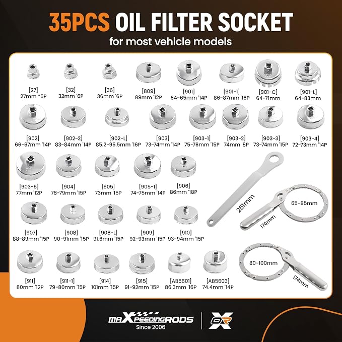 maXpeedingrods 35 PCS Auto Oil Filter Socket Wrench Set, 1/2" Drive | Oil Filter Cap Wrench Removal Tool Kit, for Volvo, for BMW, for Ford, for Toyota, for Honda
