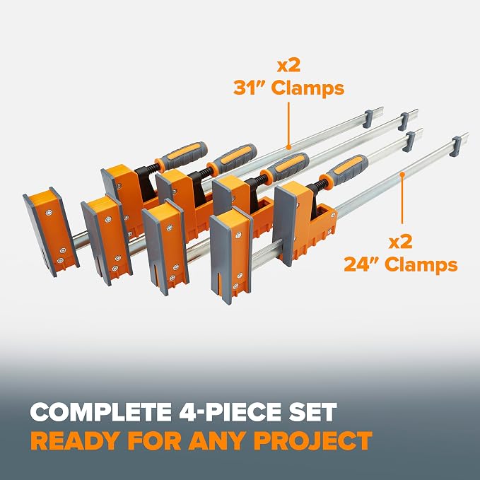 Bora 4 Pack Parallel Clamps for Woodworking - Two 24 Inch and Two 31 Inch Parallel Wood Clamps Heavy Duty Bar Clamp for Wood Working with 1100 Lbs of Clamping Force Each - DIY Bora Clamp Set