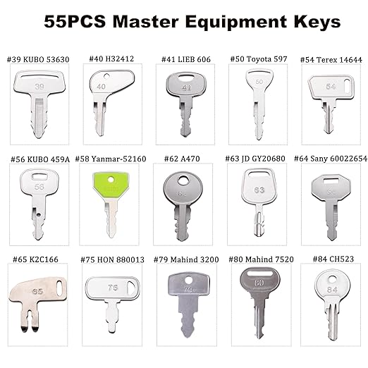 55 Full Range Non-Duplicated Master Construction Original Equipment Keys for Hyster JLG Yanmar Takeuchi JD CAT Sany Daewoo Takeuchi Hyster Toyota Kubota Komatsu Case New Holland Volvo Hyundai