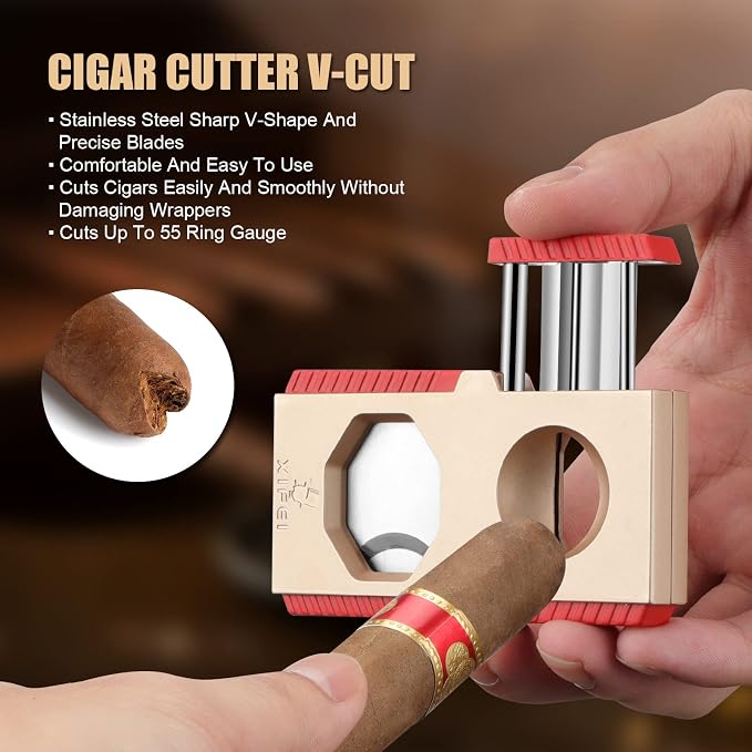 XIFEI Cigar Cutter V-Cut Guillotine 3 in 1 Straight Cut V Cutter with Cigar Punch Stainless Steel Blade Ergonomic Design Secure-Lock Cigar Clipper,Cuts Up to 60 Ring Gauge Cigars (Gold)