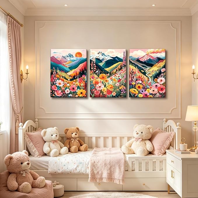 Frimeeme Colorful Watercolor Floral Mountain Canvas Wall Art, 3-Piece Boho Nature Landscape Print, Living Room Bedroom Decor, 12x16 in,Framed