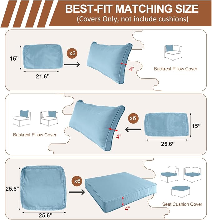 14 Piece Outdoor Patio Cushion Covers Replacement, Waterproof Outdoor Furniture Cushion Covers, Fit 7 Pcs 6 Seater Wicker Rattan Conversation Sofa Set,Light Blue(Only Cover) 25.6x25.6