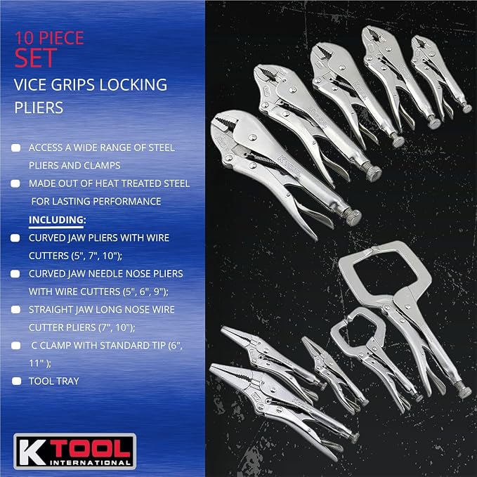 K Tool International 58730 Automotive Vice Grip Locking Straight, Curved Jaw, Needle Nose Plier Set for Garages, Repair Shops, and DIY, Heat Treated Nickel Plated Steel, Organizing Tray, 10 Piece