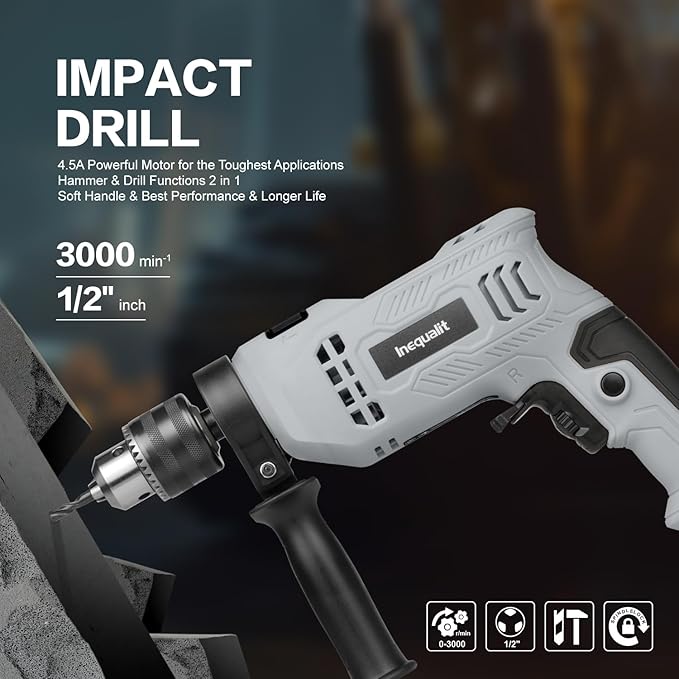 Corded Hammer Drill 4.5Amp 0-3000 RPM, 1/2 Inch Chuck Impact Drill with 105-Piece Accessory Set, Adjustable Speed Control, 360° Swivel Handle, Depth Gauge and Portable Carrying Case