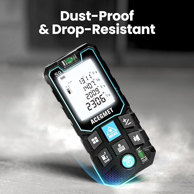 ACEGMET Laser Measure, 229ft/70m Laser Measurement Tool, S9 Room Laser Measuring Tool with 2 Bubble Levels, LCD Backlit Display, IP54 Waterproof, Pythagorean Mode for Distance, Area, Volume