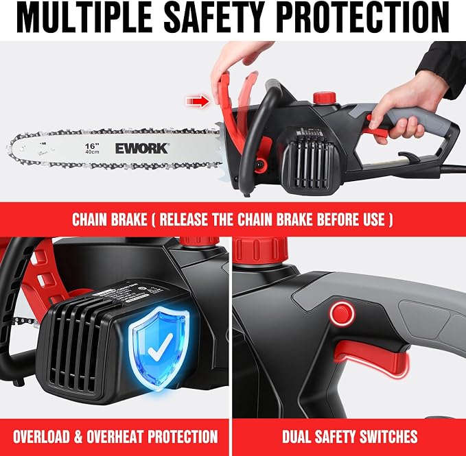 EWORK Electric Chainsaw Corded 16-Inch 15 Amp Electric Chain Saws | Corded Chainsaw with Tool-Free Chain Tension, Auto Oiling, Low Kickback, Robust Chainsaw for Tree Cutting, Pruning, Firewood