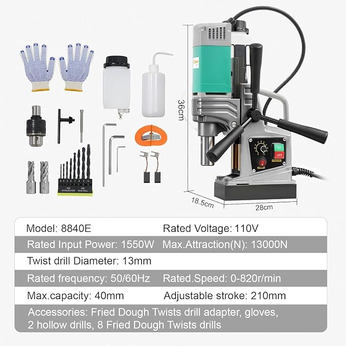 Mag Drill Press, 1550W 1.6" Boring Diameter, Portable Electric Magnetic Drill Press with 2 Coring Bits, 2922 lbf Power Magnetic, 820 RPM Variable Speed for Metal, Industrial and Home Improvement