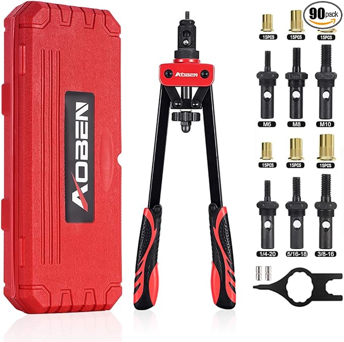 AOBEN 14" Rivet Nut Tool, Professional Hand Rivet Nut Setter Kit Labor-Saving and Compact Design Including 6 Interchangeable Mandrels 90pcs Rivnuts and 2 Mandrel Lock Pins