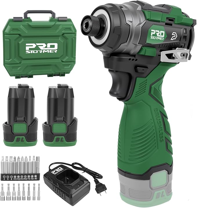 Prostormer 17V Cordless Impact Driver Set, 140Nm Brushless Screwdriver with 3 Variable Speed, 1/4” Hex Chuck, 18 Pcs Bits, 1.5Ah Batteries & Charger