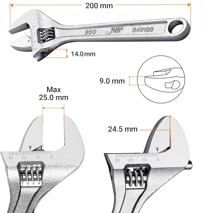 Jetech 8-Inch Adjustable Wrench - Professional Spanner Cr-V Steel Shifter Spanner with Metric Scale Wide Caliber Opening, for Home, Garage, Workshop and DIY