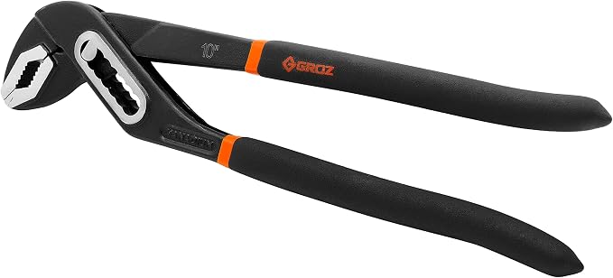 Groz 10 Inch Water Pump Pliers, 7-Position Adjustable Lower Jaw, 45-Degree Serrated Jaws, Slip Joint Plumbing Pliers for Pipes, Nuts, Bolts and Irregular Objects (31741)