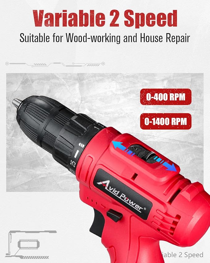 AVID POWER 12V Cordless Drill, 3/8-Inch Keyless Chuck, High-Speed 1400 RPM & 25+1 Torque Control, Electric Power Drill Kit with 21pcs Bits, Battery and Charger