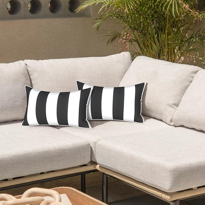 LVTXIII Set of 2 Outdoor Lumbar Pillows for Patio Furniture with White Piping, 12"x20" Fade Resistant Patio Lumbar Pillows with Inserts for Home Coach Sofa Use, Cabana Black