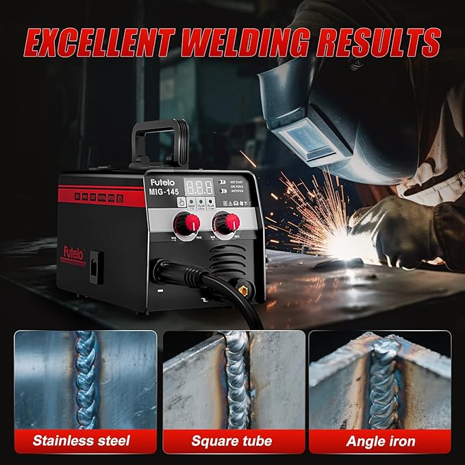 145A MIG Welder, 3 in 1 Flux Core/Lift TIG/Stick Welding Machine 110V IGBT Inverter Gasless Welder with Synergy Control for Metal Repair & DIY Projects