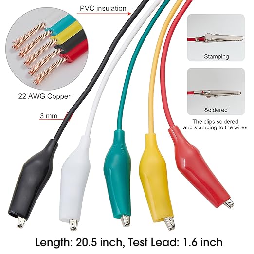 WGGE WG-026 10 Pieces and 5 Colors Test Lead Set & Alligator Clips,20.5 inches / 22 AWG Wire (2 Pack)