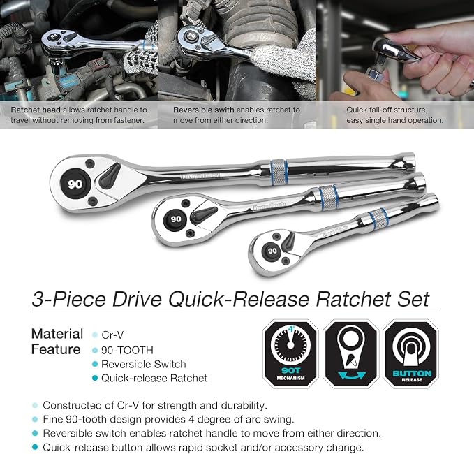 DURATECH 3-Piece Drive Ratchet, 90-Tooth Quick-Release Ratchet Wrench | 1/4", 3/8", 1/2" Socket Wrench for Men Women, Reversible, Cr-V Made, 4° Swing, Full Polished, Stocking Stuffers for Men Women