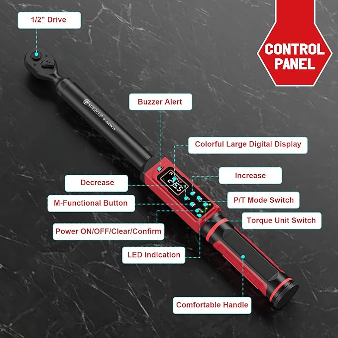 SUERCUP 1/2-inch Drive Digital Torque Wrench (4.4-295 Ft.lb/6-400Nm), ±1% Accuracy Digital Torque Wrench with Buzzer and LED Alarm,9 Preset Mode and Four Units of Measure for Car, Moto and Bike, DIY